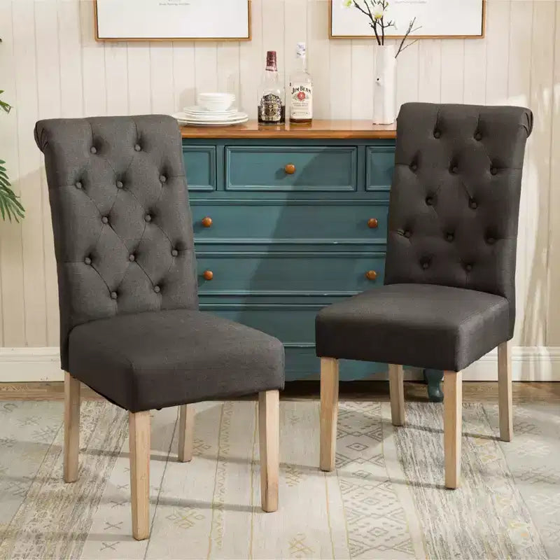 Roundhill Furniture Habit Solid Wood Tufted Parsons Dining Chair, Charcoal, Set of 2