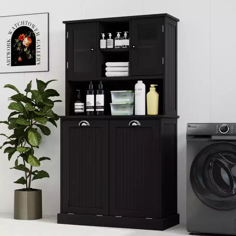 Armoire à linge noire autoportante avec étagères réglables, 32,68 po larg. x 14,57 po prof. x 59,69 po haut.