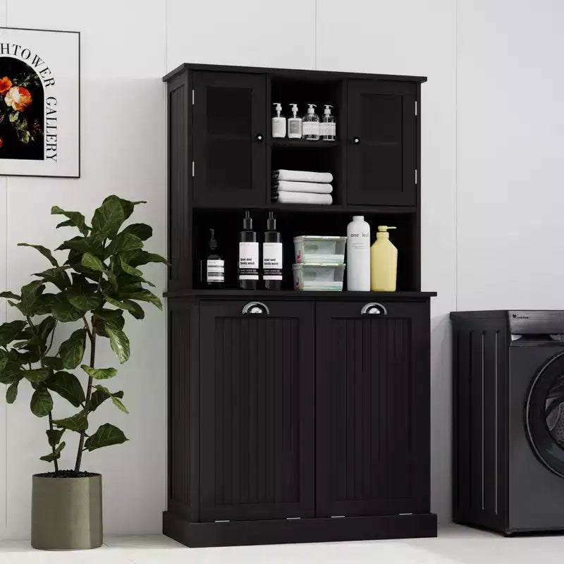Armoire à linge noire autoportante avec étagères réglables, 32,68 po larg. x 14,57 po prof. x 59,69 po haut.