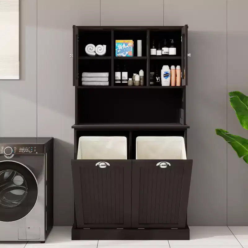 Armoire à linge noire autoportante avec étagères réglables, 32,68 po larg. x 14,57 po prof. x 59,69 po haut.