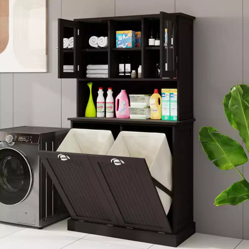 Armoire à linge noire autoportante avec étagères réglables, 32,68 po larg. x 14,57 po prof. x 59,69 po haut.