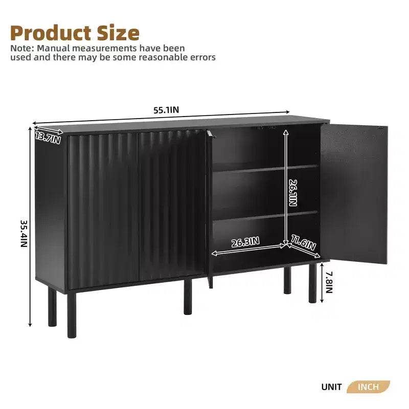 Meuble à chaussures d'entrée de 55", armoire à chaussures à 3 niveaux avec 4 portes, buffet avec étagères réglables pour couloir et salon