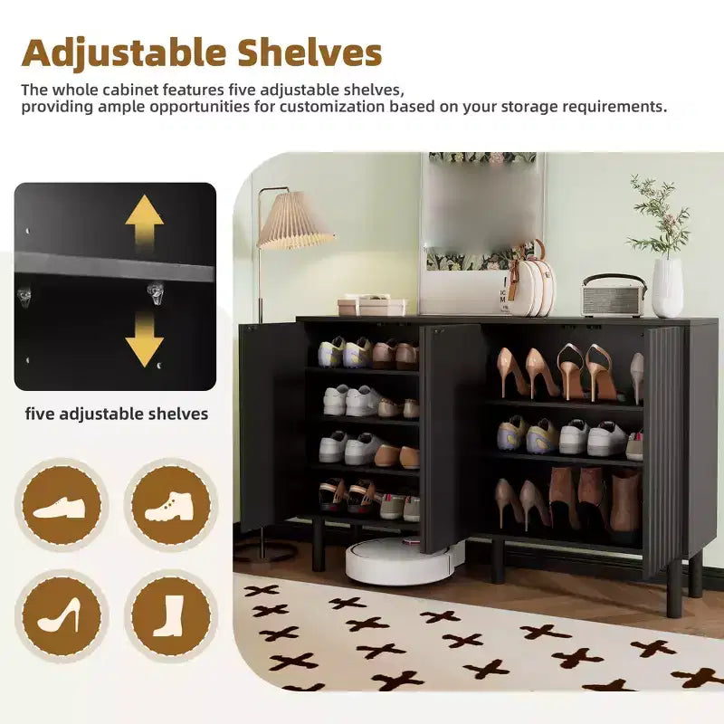 Meuble à chaussures d'entrée de 55", armoire à chaussures à 3 niveaux avec 4 portes, buffet avec étagères réglables pour couloir et salon