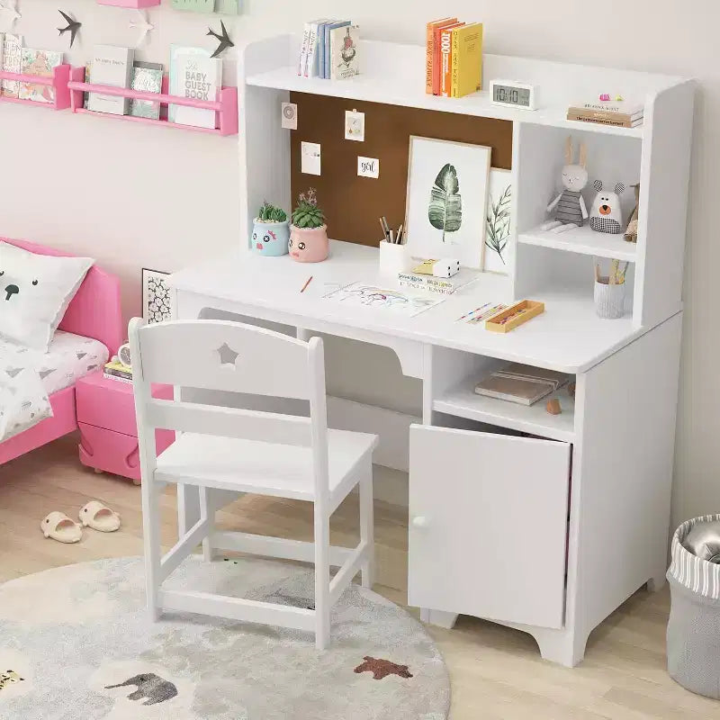 Garvee Kids Desk and Chair Set, Wooden Study Desk with Hutch, Storage Cabinet, Writing Desk-Computer Workstation for Kids Bedroom & Study Room,White