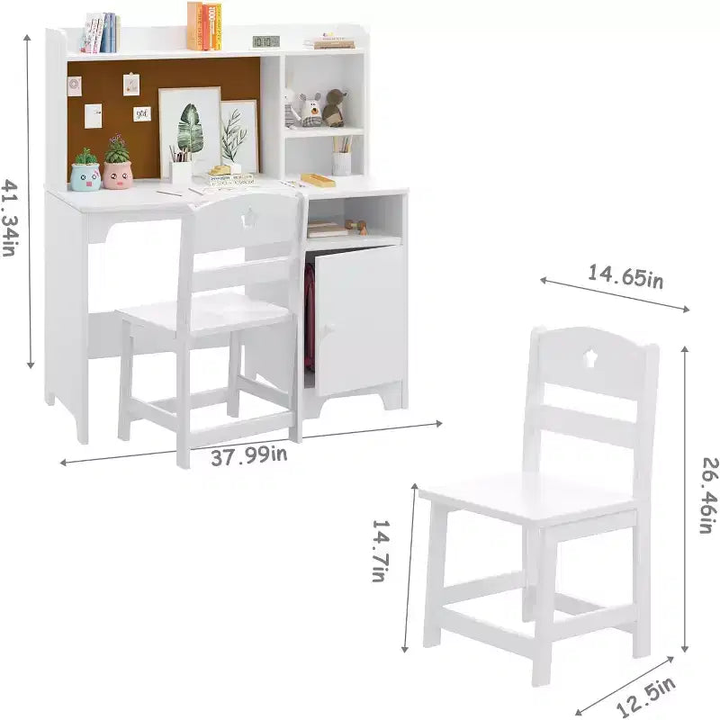 Bureau et chaise pour enfants, bureau d'étude en bois avec étagère et meuble de rangement
