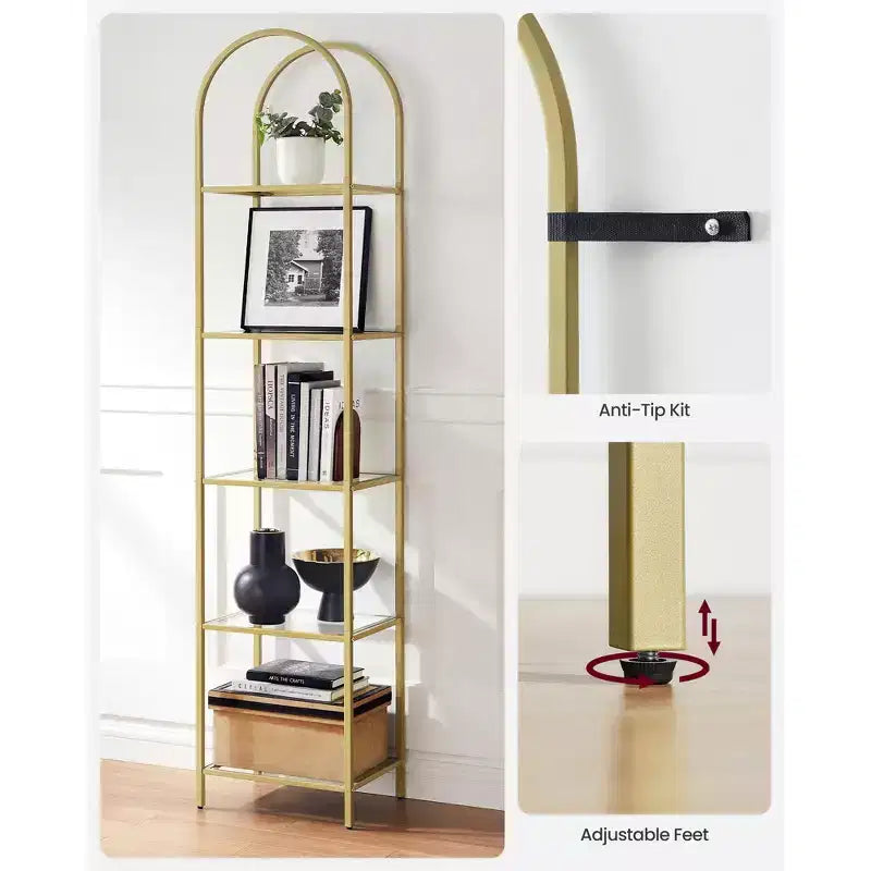 Étagère à 5 niveaux, étagère en verre trempé, design arqué
