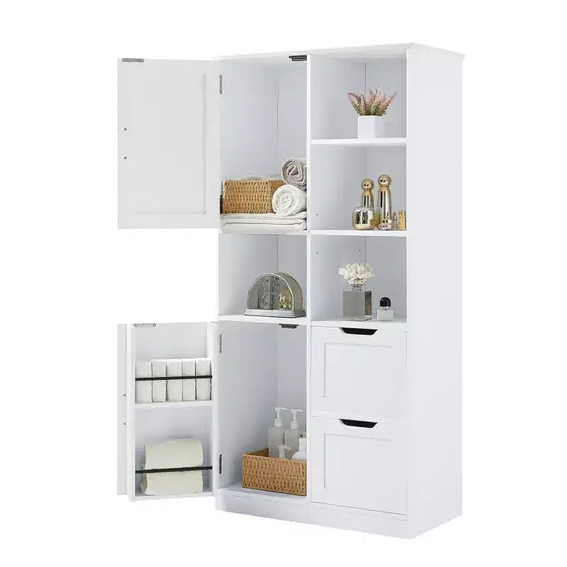 Meuble de rangement de salle de bain blanc, meuble autoportant avec plusieurs espaces de rangement et étagère ouverte
