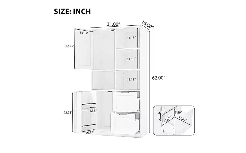 Meuble de rangement de salle de bain blanc, meuble autoportant avec plusieurs espaces de rangement et étagère ouverte