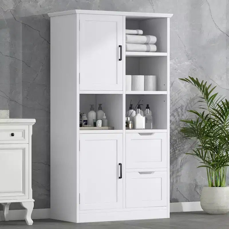 Meuble de rangement de salle de bain blanc, meuble autoportant avec plusieurs espaces de rangement et étagère ouverte