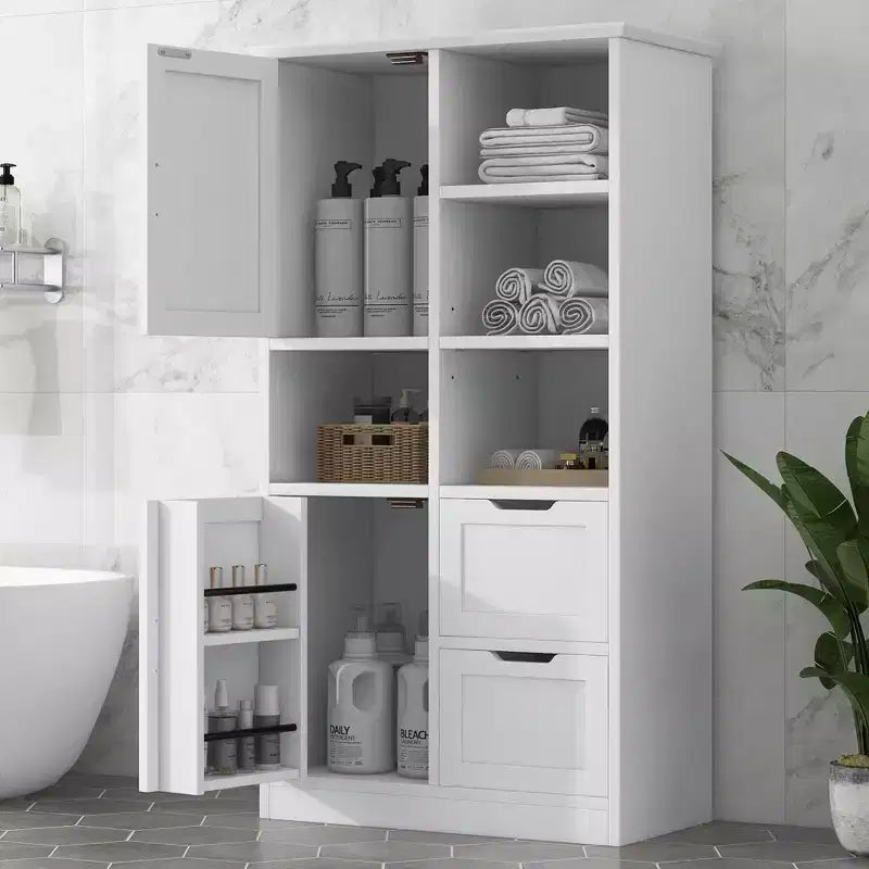 Meuble de rangement de salle de bain blanc, meuble autoportant avec plusieurs espaces de rangement et étagère ouverte