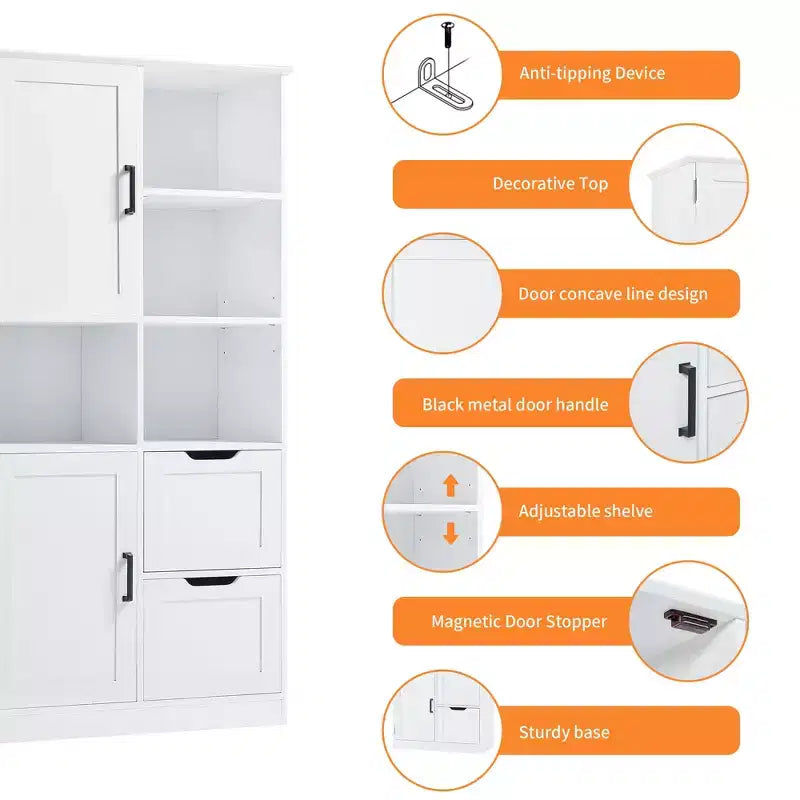 Meuble de rangement de salle de bain blanc, meuble autoportant avec plusieurs espaces de rangement et étagère ouverte