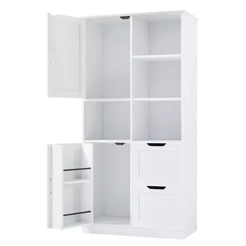 Meuble de rangement de salle de bain blanc, meuble autoportant avec plusieurs espaces de rangement et étagère ouverte