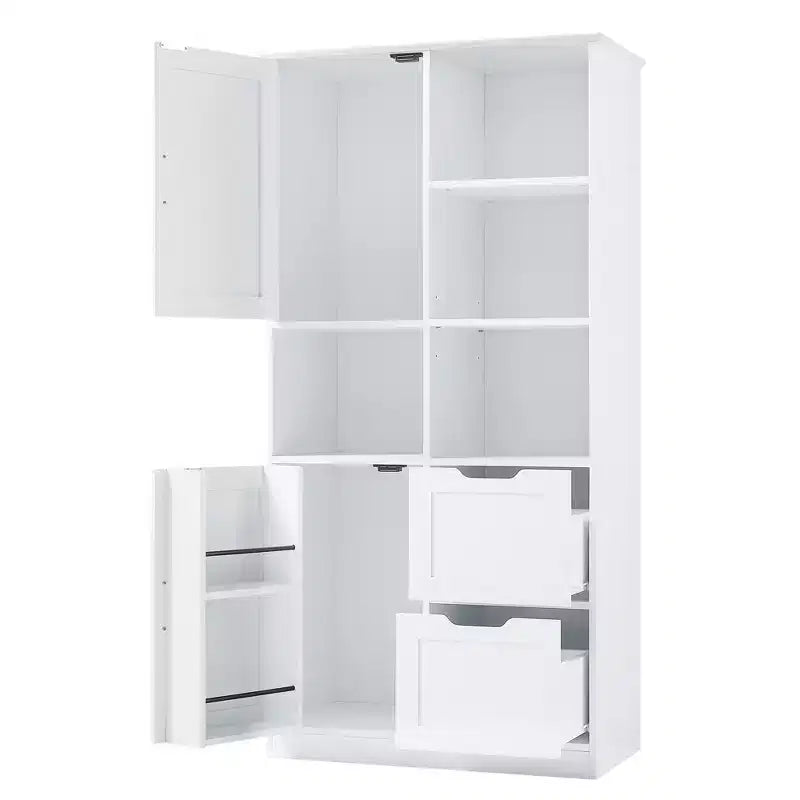 Meuble de rangement de salle de bain blanc, meuble autoportant avec plusieurs espaces de rangement et étagère ouverte