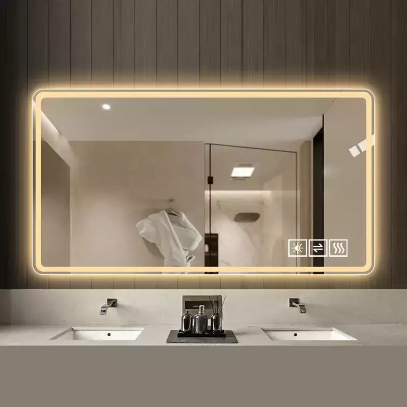 Miroir de salle de bain LED 48x32 : 3 couleurs, intensité variable sur 5 niveaux, anti-buée, mural, horizontal/vertical