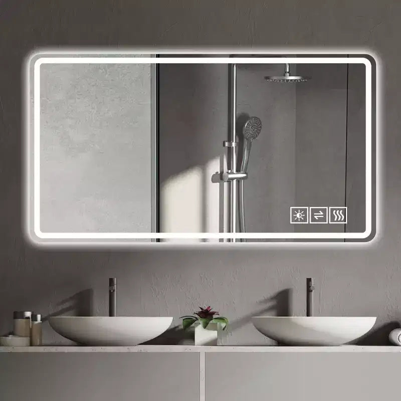 Miroir de salle de bain LED 48x32 : 3 couleurs, intensité variable sur 5 niveaux, anti-buée, mural, horizontal/vertical