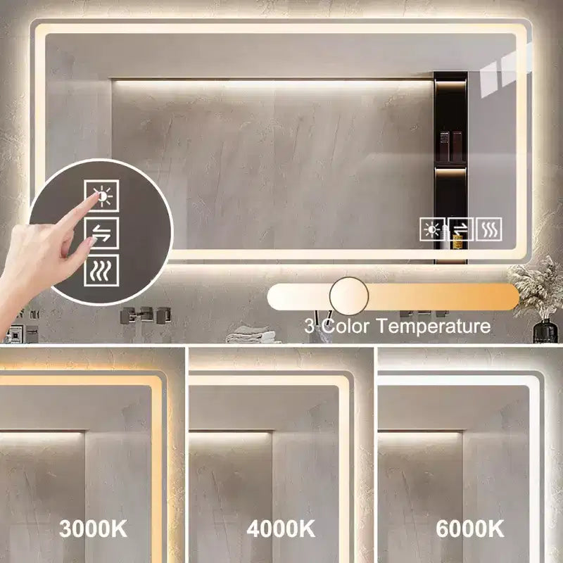 Miroir de salle de bain LED 48x32 : 3 couleurs, intensité variable sur 5 niveaux, anti-buée, mural, horizontal/vertical