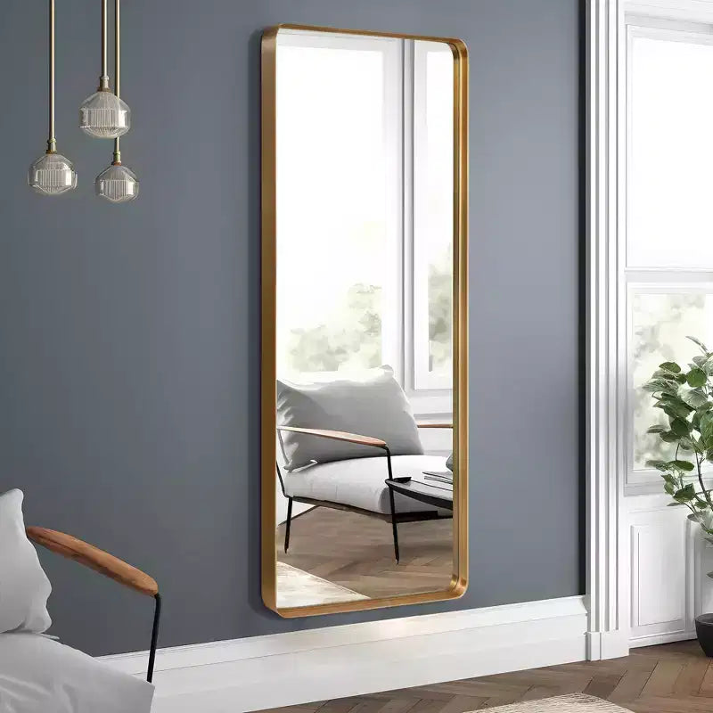 Miroir sur pied rectangulaire arrondi en alliage d'aluminium imitation électrodéposé, 162 x 53 x 5 cm (Miroir profond - Sans support)