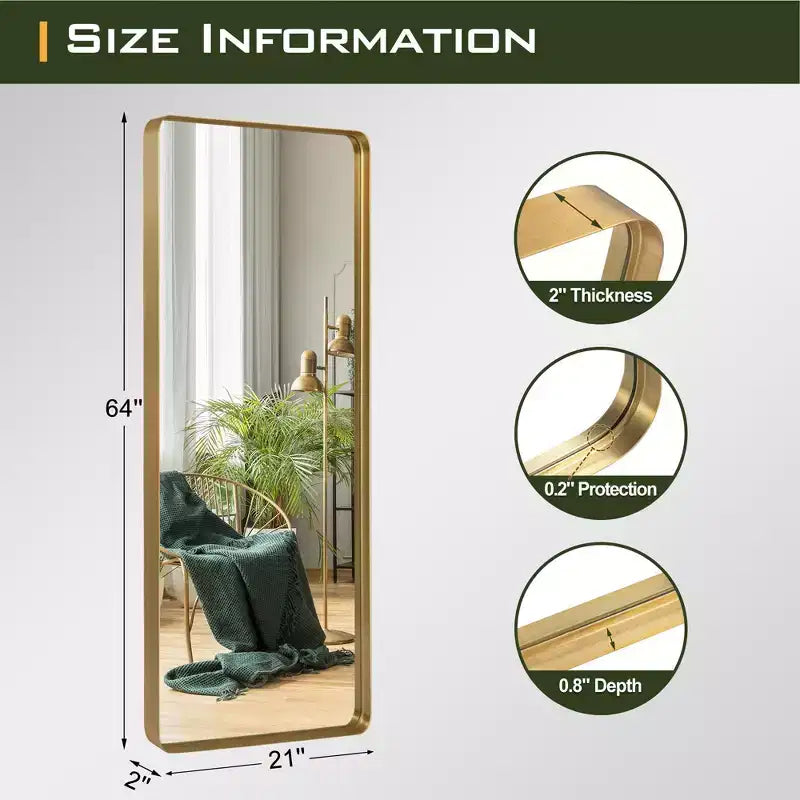 Miroir sur pied rectangulaire arrondi en alliage d'aluminium imitation électrodéposé, 162 x 53 x 5 cm (Miroir profond - Sans support)