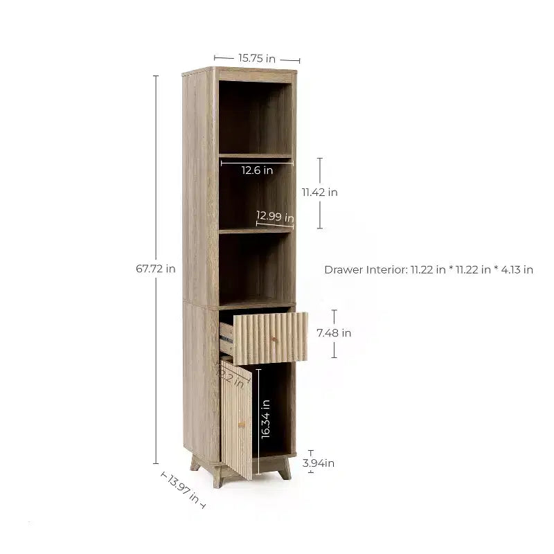 Meuble Colonne de Salle de Bain 1 Tiroir 1 Porte en Bois Manufacturé Motif Vague Finition Naturelle Marron
