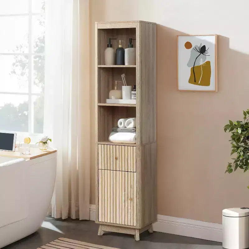 Meuble Colonne de Salle de Bain 1 Tiroir 1 Porte en Bois Manufacturé Motif Vague Finition Naturelle Marron
