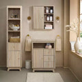 Meuble Colonne de Salle de Bain 1 Tiroir 1 Porte en Bois Manufacturé Motif Vague Finition Naturelle Marron