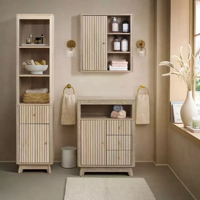 Meuble Colonne de Salle de Bain 1 Tiroir 1 Porte en Bois Manufacturé Motif Vague Finition Naturelle Marron