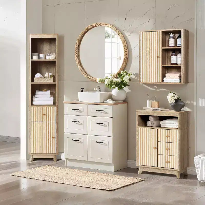 Meuble Colonne de Salle de Bain 1 Tiroir 1 Porte en Bois Manufacturé Motif Vague Finition Naturelle Marron
