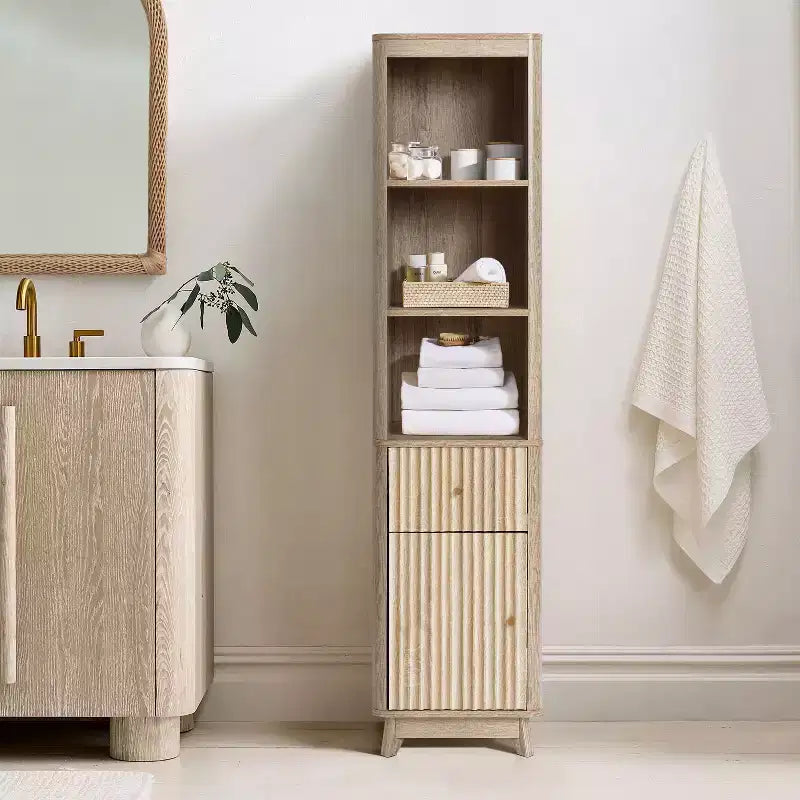 Meuble Colonne de Salle de Bain 1 Tiroir 1 Porte en Bois Manufacturé Motif Vague Finition Naturelle Marron