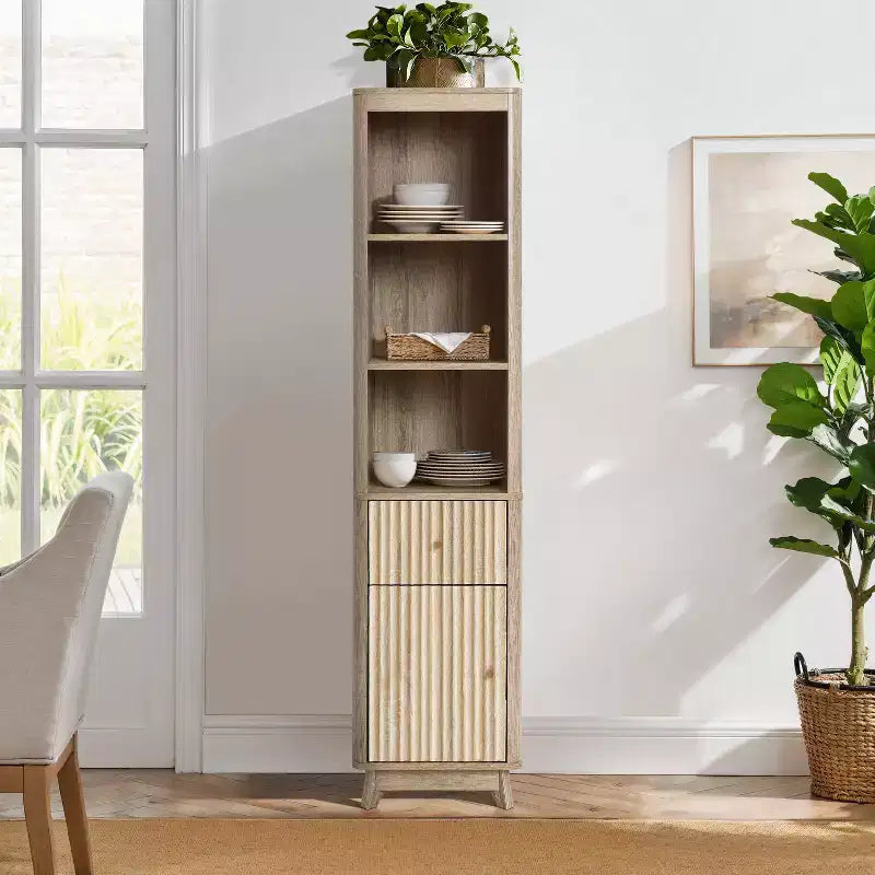 Meuble Colonne de Salle de Bain 1 Tiroir 1 Porte en Bois Manufacturé Motif Vague Finition Naturelle Marron