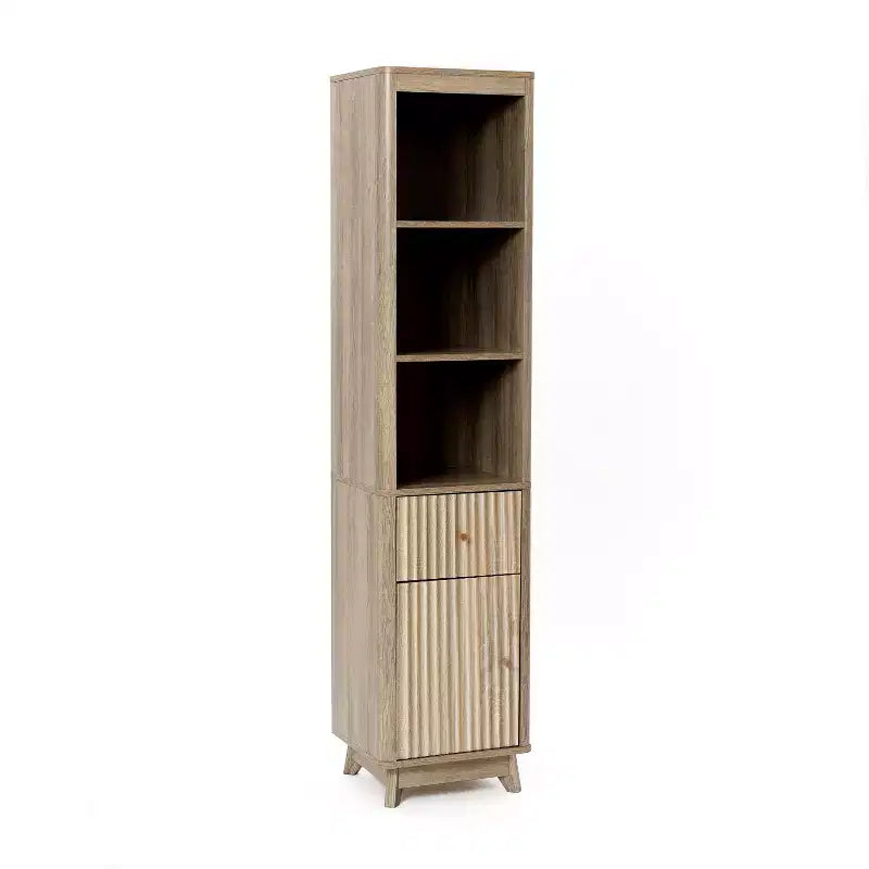 Meuble Colonne de Salle de Bain 1 Tiroir 1 Porte en Bois Manufacturé Motif Vague Finition Naturelle Marron