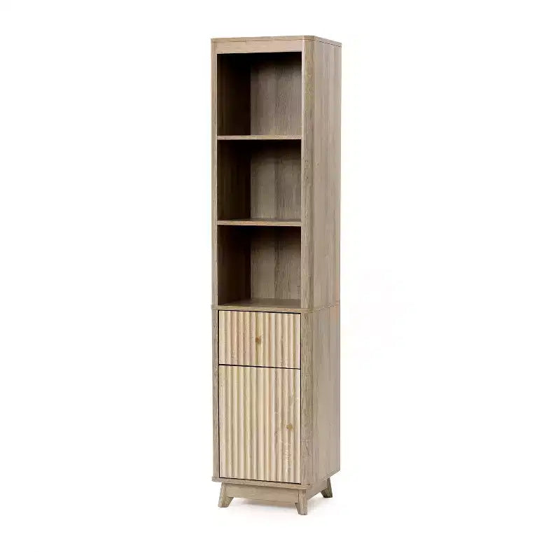 Meuble Colonne de Salle de Bain 1 Tiroir 1 Porte en Bois Manufacturé Motif Vague Finition Naturelle Marron