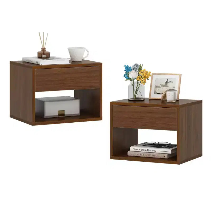 Sandinrayli Nightstands Set of 2, Night Stand with Drawer, Floating Nightstand with Open Storage Shelf, Wall Mounted Wood Bedside Tables, Brown Walnut