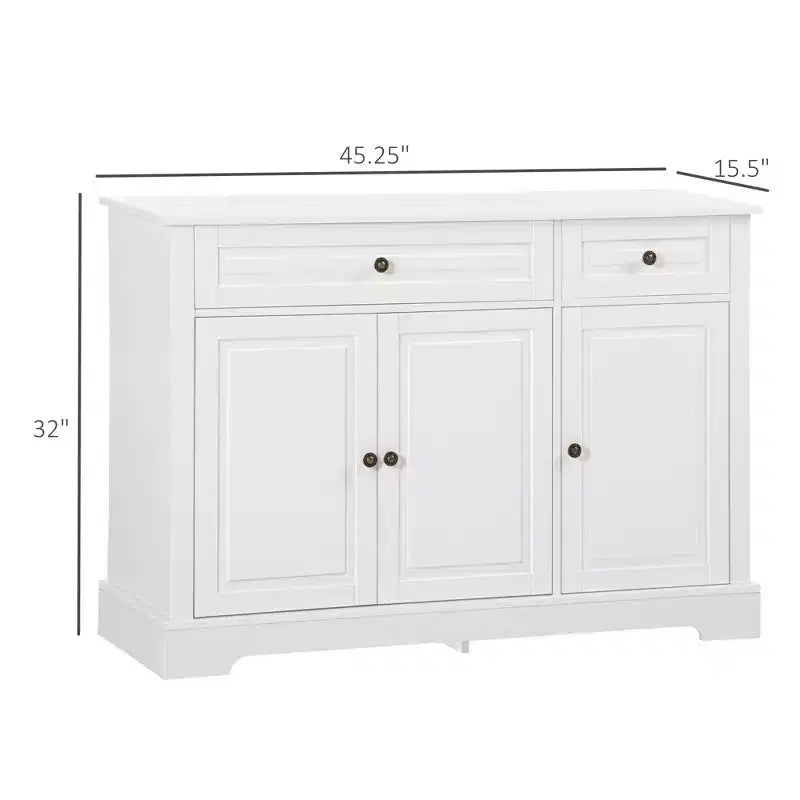 Meuble de Rangement, Buffet avec 2 Tiroirs et Étagères Réglables, Meuble de Rangement pour Entrée, Salon, Cuisine, Blanc