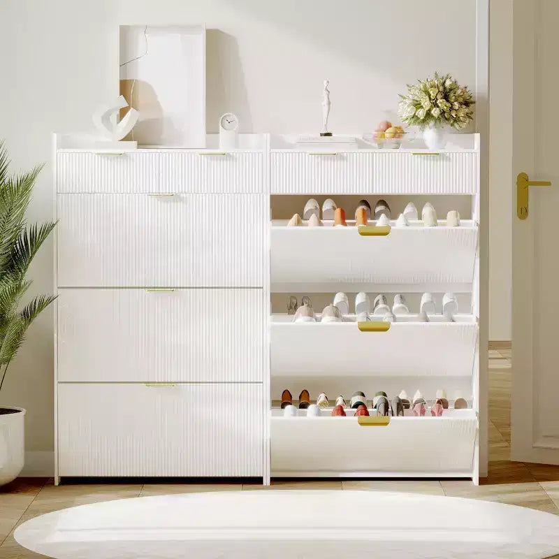 Meuble de rangement à chaussures slim cannelé de 80 cm pour entrée avec 2 tiroirs et étagère réglable