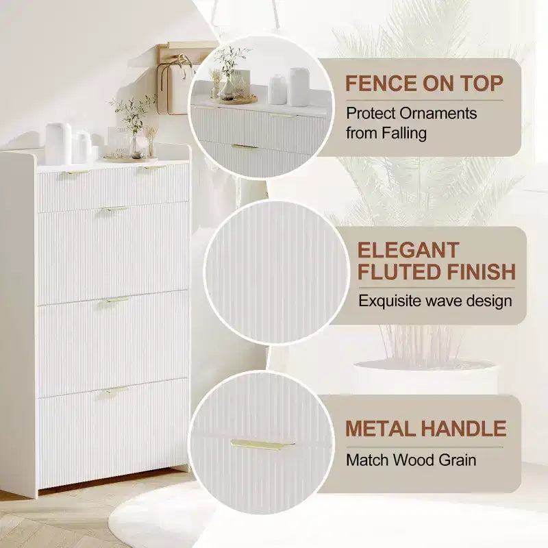 Meuble de rangement à chaussures slim cannelé de 80 cm pour entrée avec 2 tiroirs et étagère réglable