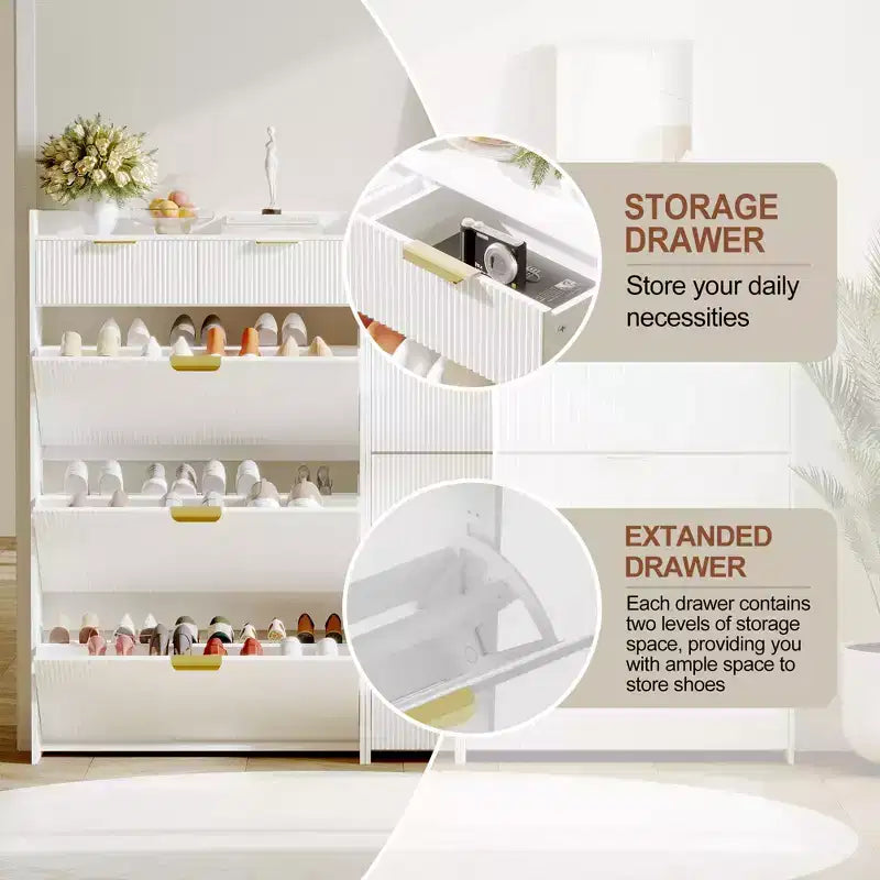 Meuble de rangement à chaussures slim cannelé de 80 cm pour entrée avec 2 tiroirs et étagère réglable