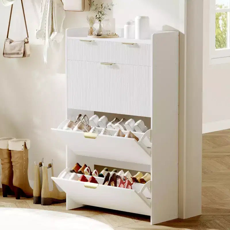 Meuble de rangement à chaussures slim cannelé de 80 cm pour entrée avec 2 tiroirs et étagère réglable