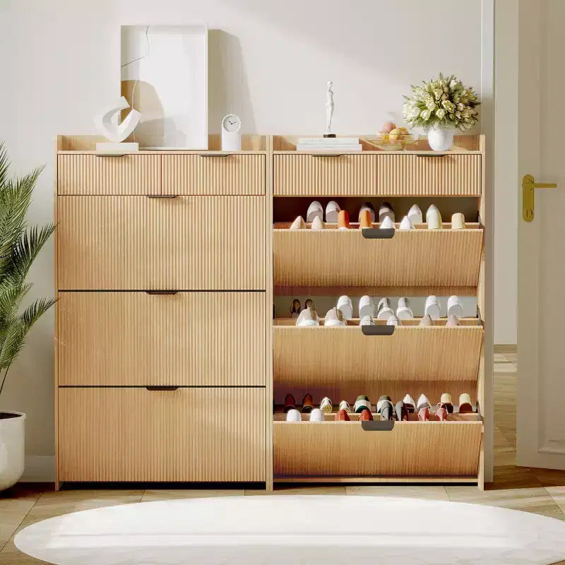 Meuble de rangement à chaussures slim cannelé de 80 cm pour entrée avec 2 tiroirs et étagère réglable