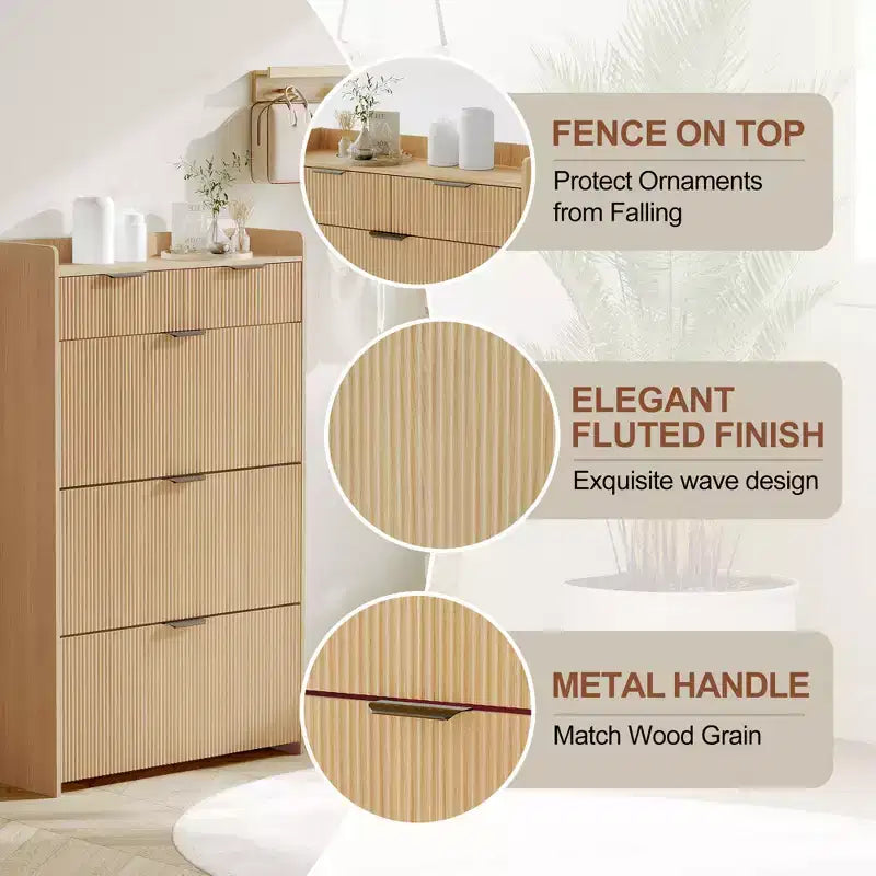 Meuble de rangement à chaussures slim cannelé de 80 cm pour entrée avec 2 tiroirs et étagère réglable