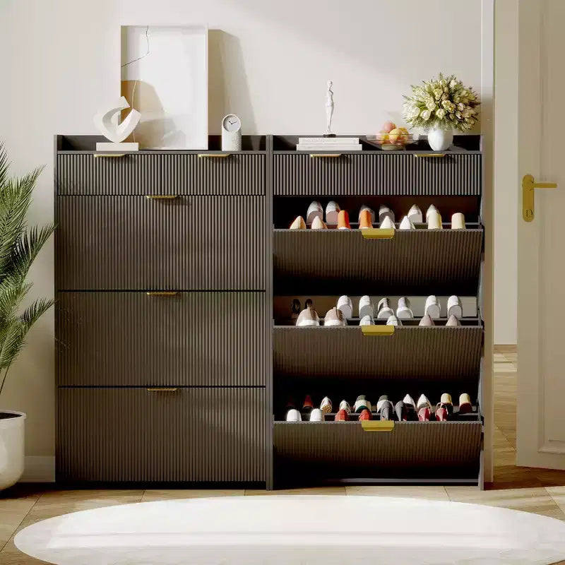 Meuble de rangement à chaussures slim cannelé de 80 cm pour entrée avec 2 tiroirs et étagère réglable