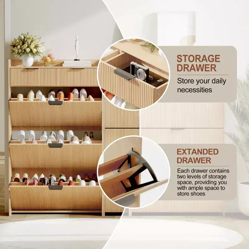 Meuble de rangement à chaussures slim cannelé de 80 cm pour entrée avec 2 tiroirs et étagère réglable
