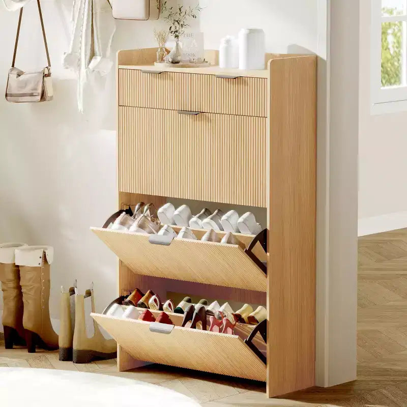 Meuble de rangement à chaussures slim cannelé de 80 cm pour entrée avec 2 tiroirs et étagère réglable