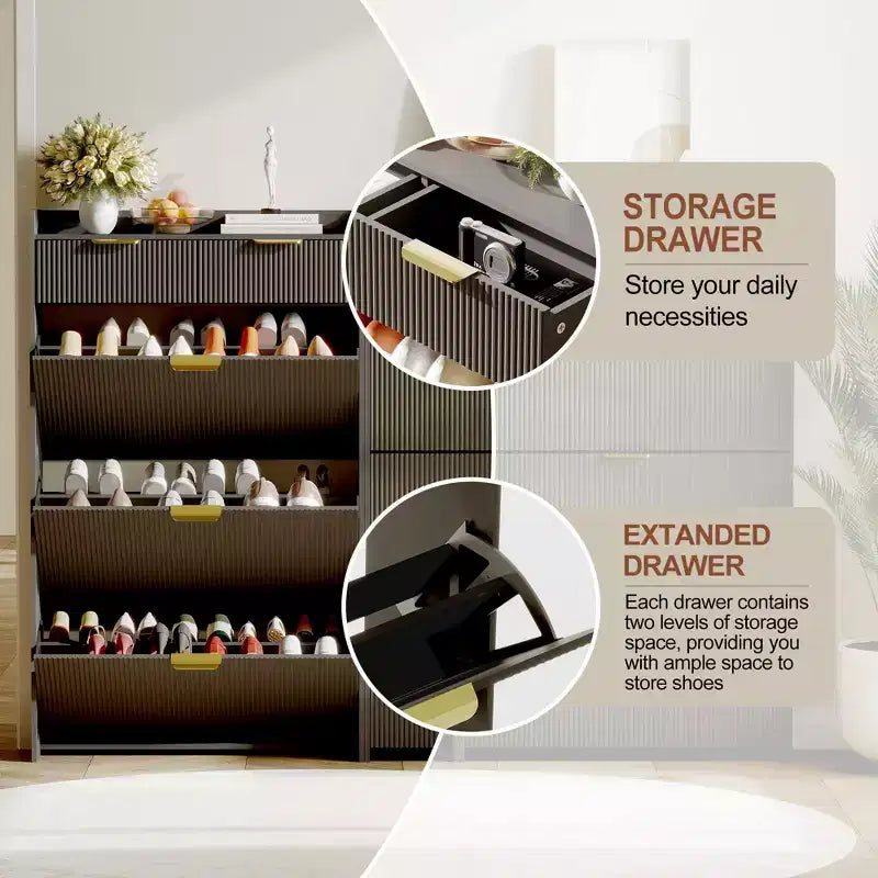 Meuble de rangement à chaussures slim cannelé de 80 cm pour entrée avec 2 tiroirs et étagère réglable