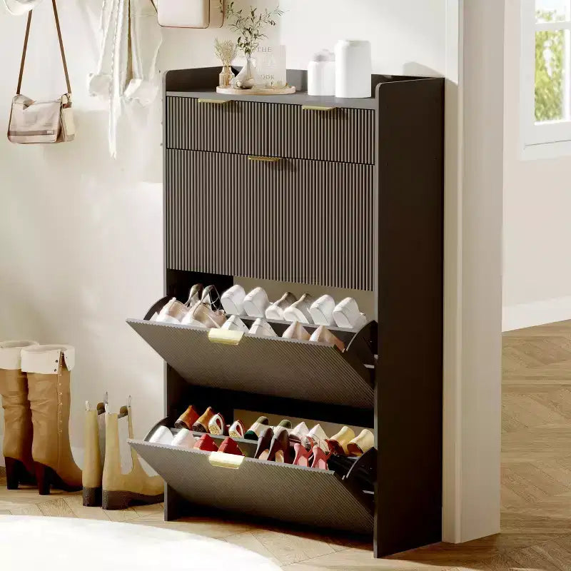 Meuble de rangement à chaussures slim cannelé de 80 cm pour entrée avec 2 tiroirs et étagère réglable