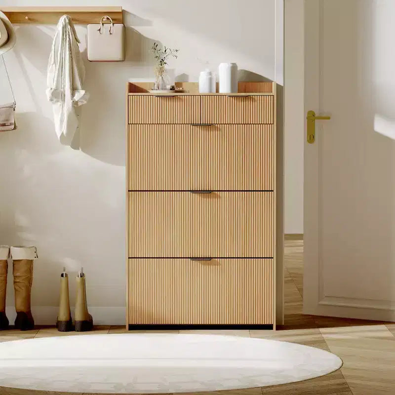 Meuble de rangement à chaussures slim cannelé de 80 cm pour entrée avec 2 tiroirs et étagère réglable