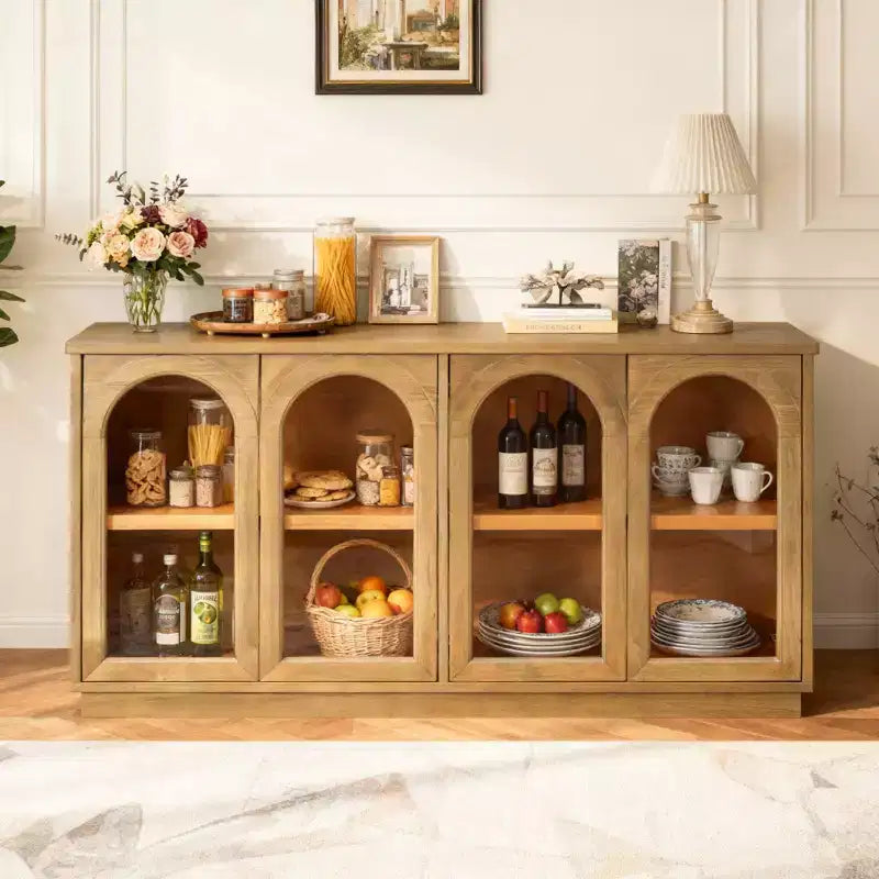 Hostack 4-Door Sideboard Cabinet with Glass Doors, Large Storage Sideboard with Adjustable Shelves for Kitchen and Dining Room, Old Pine
