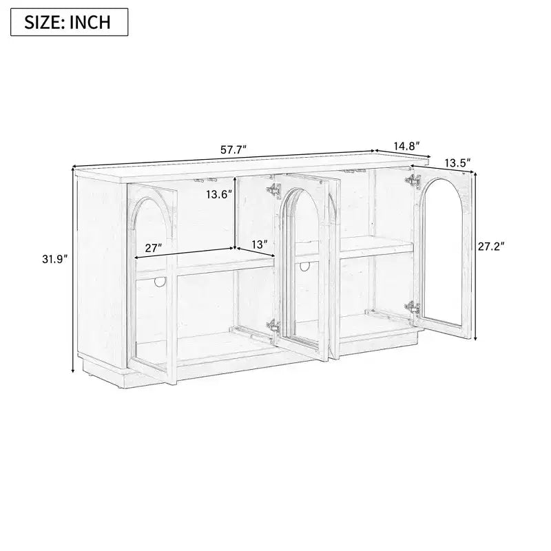 Meuble de rangement à 4 portes avec portes vitrées, grand buffet de rangement avec étagères réglables pour cuisine et salle à manger, vieux pin
