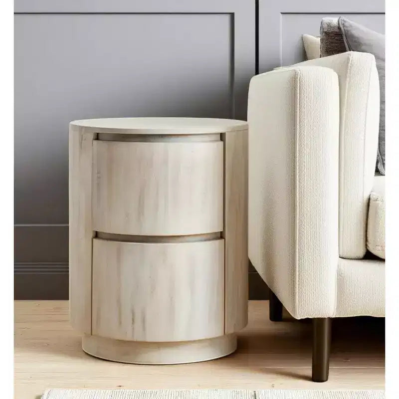 Table d'appoint ronde en bois massif blanc avec deux tiroirs, 24 pouces