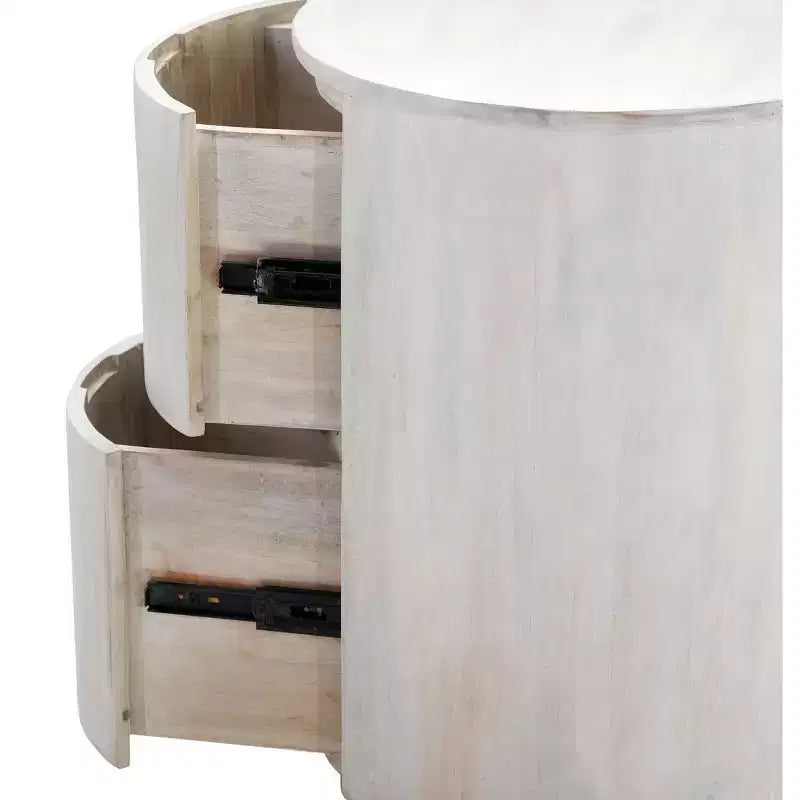 Table d'appoint ronde en bois massif blanc avec deux tiroirs, 24 pouces