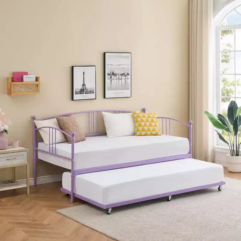 Lit de repos en métal avec lit gigogne, tête de lit arquée, cadre de canapé-lit pour salon et chambre d'amis, taille double
